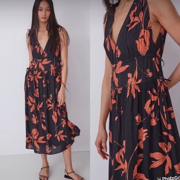 Nwt Thakoon Orange & Black Floral Deep V-Neck Maxi Dress Size 10